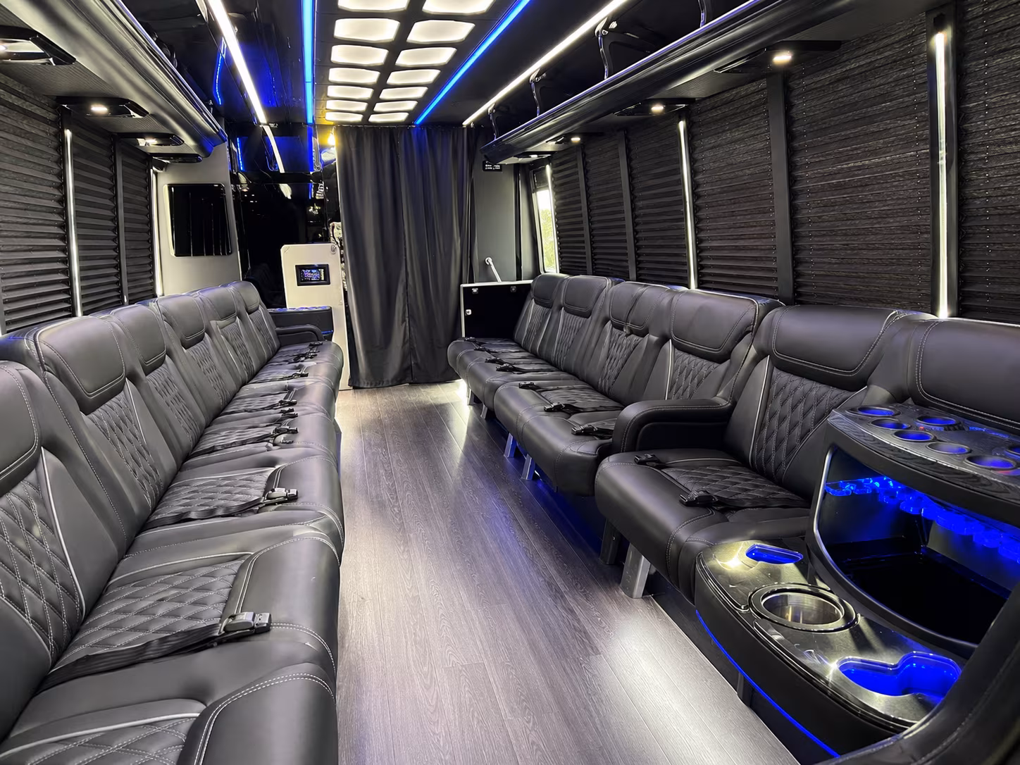 Interior of a party bus rental serving Knoxville